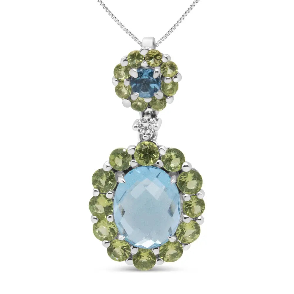 18k White Gold 0.05 Cttw Round Diamond and Blue Topaz Green Peridot Gemstone Halo Drop 18’’ Pendant Necklace (f-g