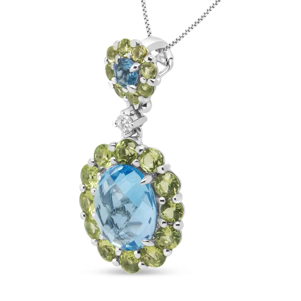 18k White Gold 0.05 Cttw Round Diamond and Blue Topaz Green Peridot Gemstone Halo Drop 18’’ Pendant Necklace (f-g