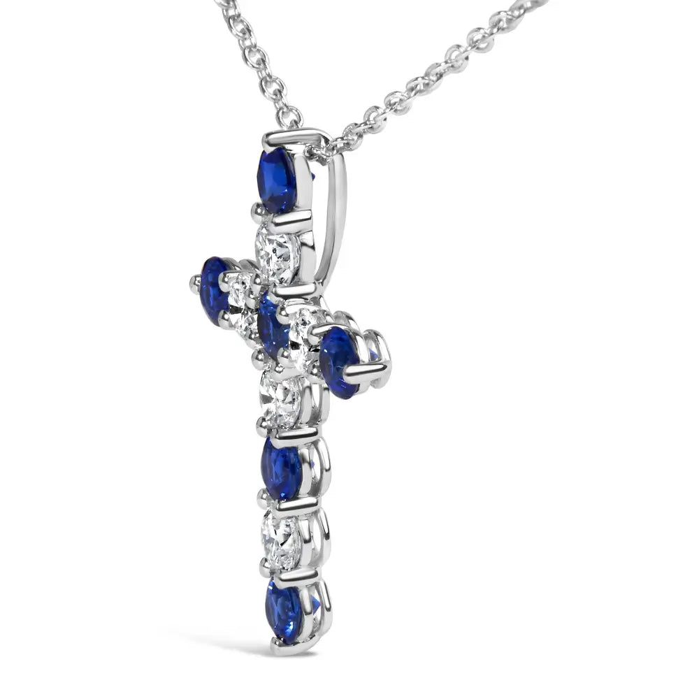 18k White Gold 1.0 Cttw Diamond and 3.5 Mm Round Blue Sapphire 11 Stone Cross 18’’ Pendant Necklace (f-g Color