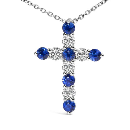 18k White Gold 1.0 Cttw Diamond and 3.5 Mm Round Blue Sapphire 11 Stone Cross 18’’ Pendant Necklace (f-g Color