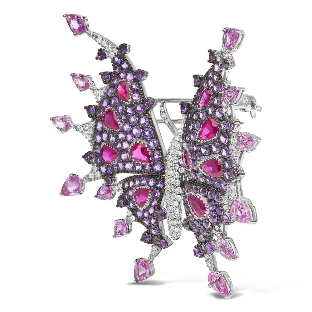 18k White Gold 1.00 Cttw Diamond Ruby Sapphire and Amethyst Mixed Gemstone Butterfly Brooch Pin (g-h Color Vs1-vs2