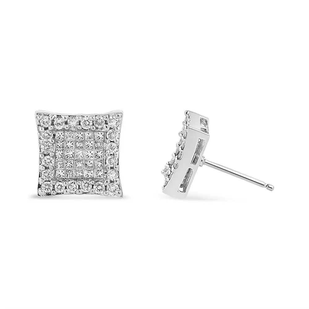 18k White Gold 1.00 Cttw Round and Princess-cut Diamond Halo Square Stud Earring (g-h Color Si1-si2 Clarity) - Fine