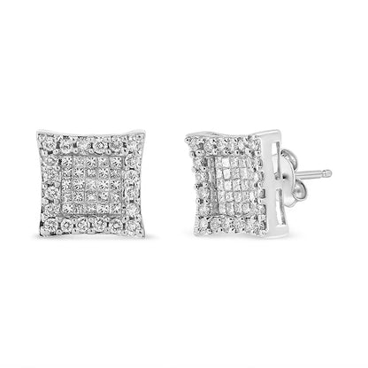 18k White Gold 1.00 Cttw Round and Princess-cut Diamond Halo Square Stud Earring (g-h Color Si1-si2 Clarity) - Fine