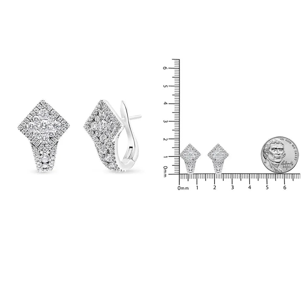 18k White Gold 1 1/10 Cttw Round Diamond Cluster with Halo Hoop Huggie Earring (f-g Color Vs1-vs2 Clarity) - Fine