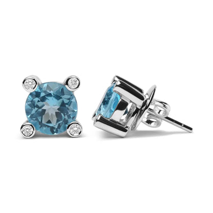 18k White Gold 1/10 Cttw Round Bezel Diamond and 10x10mm Sky Blue Topaz Gemstone Stud Earrings (g-h Color I1-i2