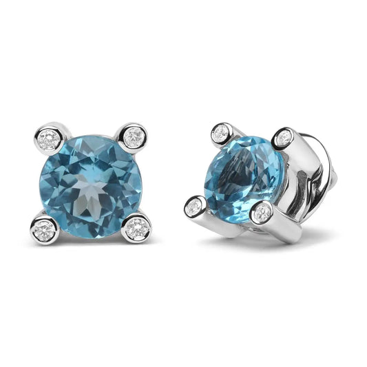 18k White Gold 1/10 Cttw Round Bezel Diamond and 10x10mm Sky Blue Topaz Gemstone Stud Earrings (g-h Color I1-i2