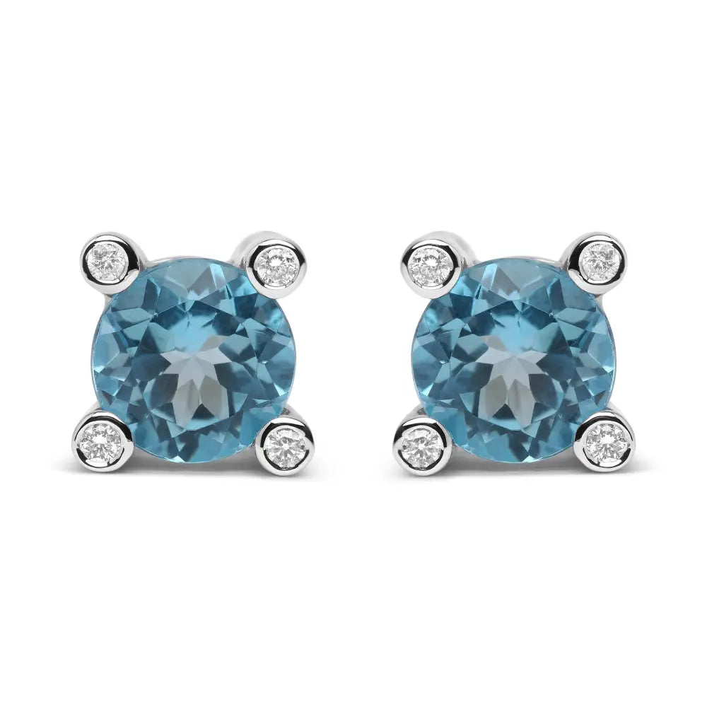 18k White Gold 1/10 Cttw Round Bezel Diamond and 10x10mm Sky Blue Topaz Gemstone Stud Earrings (g-h Color I1-i2