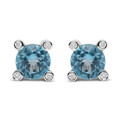 18k White Gold 1/10 Cttw Round Bezel Diamond and 10x10mm Sky Blue Topaz Gemstone Stud Earrings (g-h Color I1-i2