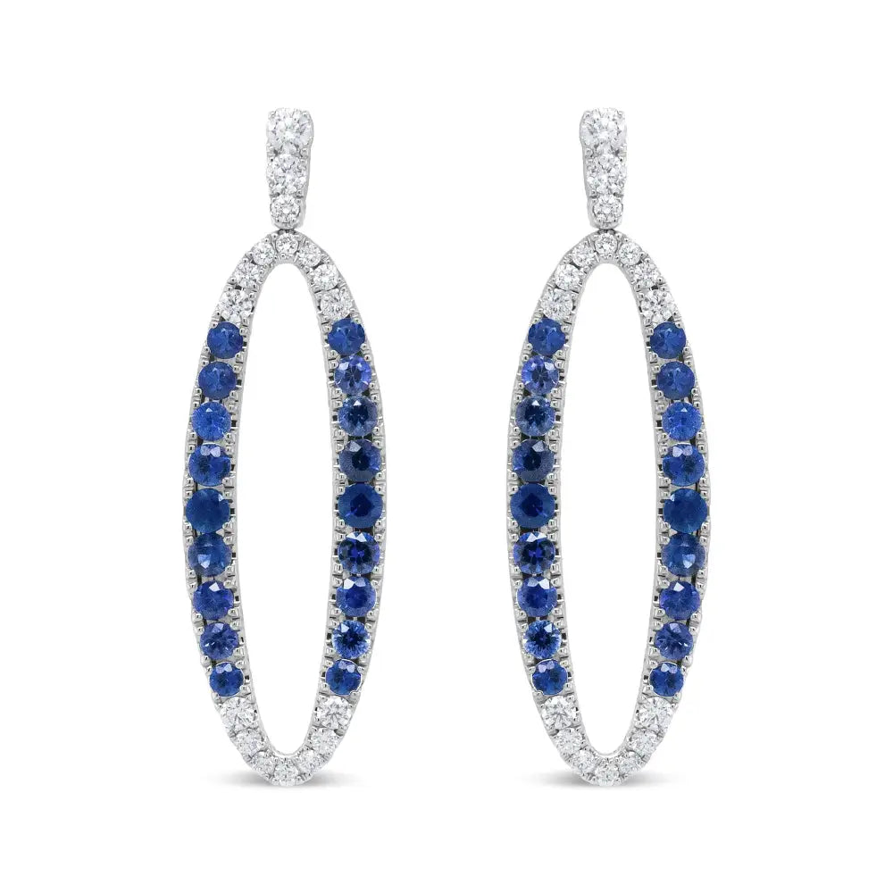 18k White Gold 1.11 Cttw Blue Round Diamond and Sapphire Openwork Oval Shaped Dangle Earrings (f-g Color Vs1-vs2