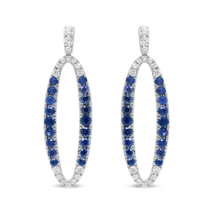 18k White Gold 1.11 Cttw Blue Round Diamond and Sapphire Openwork Oval Shaped Dangle Earrings (f-g Color Vs1-vs2