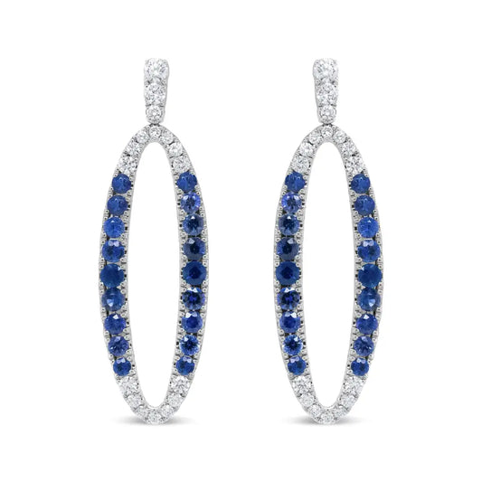 18k White Gold 1.11 Cttw Blue Round Diamond and Sapphire Openwork Oval Shaped Dangle Earrings (f-g Color Vs1-vs2