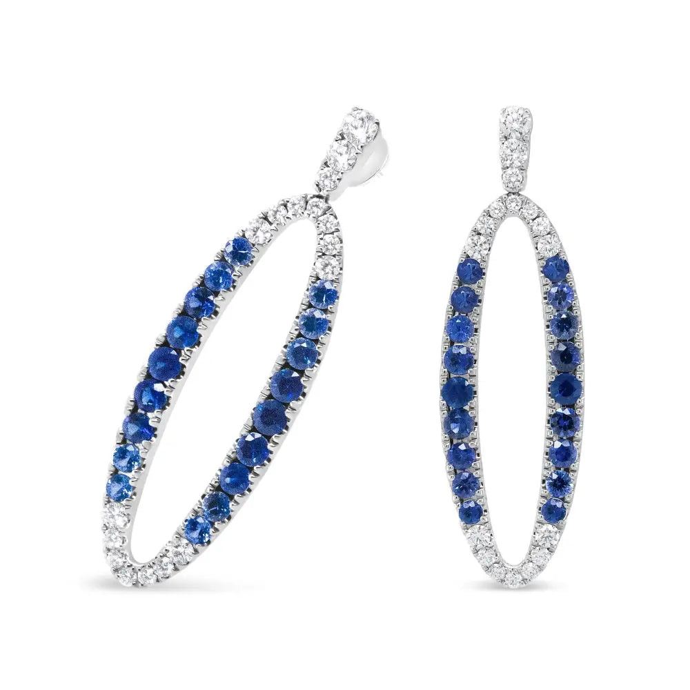 18k White Gold 1.11 Cttw Blue Round Diamond and Sapphire Openwork Oval Shaped Dangle Earrings (f-g Color Vs1-vs2