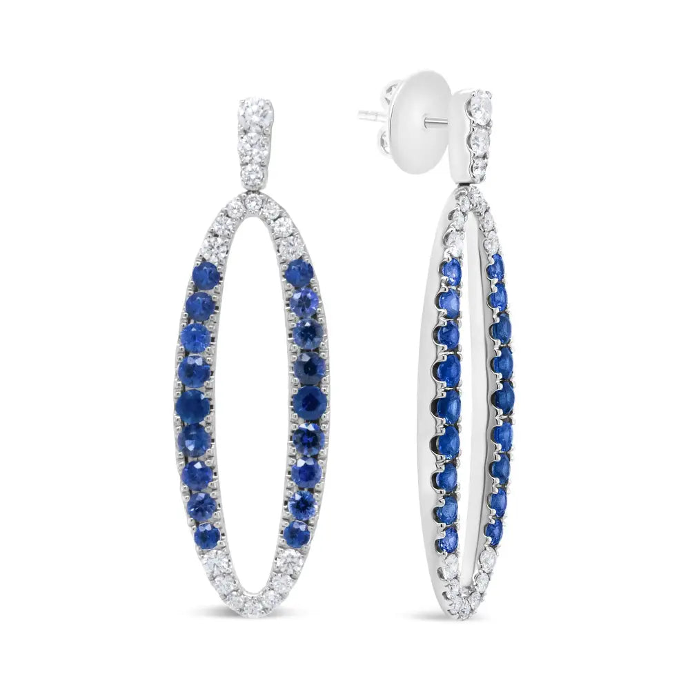 18k White Gold 1.11 Cttw Blue Round Diamond and Sapphire Openwork Oval Shaped Dangle Earrings (f-g Color Vs1-vs2