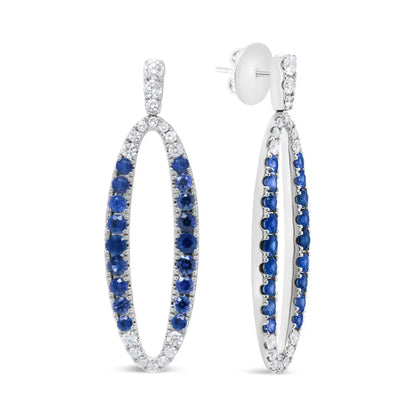 18k White Gold 1.11 Cttw Blue Round Diamond and Sapphire Openwork Oval Shaped Dangle Earrings (f-g Color Vs1-vs2