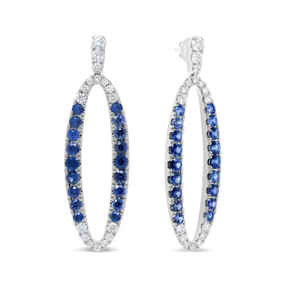 18k White Gold 1.11 Cttw Blue Round Diamond and Sapphire Openwork Oval Shaped Dangle Earrings (f-g Color Vs1-vs2