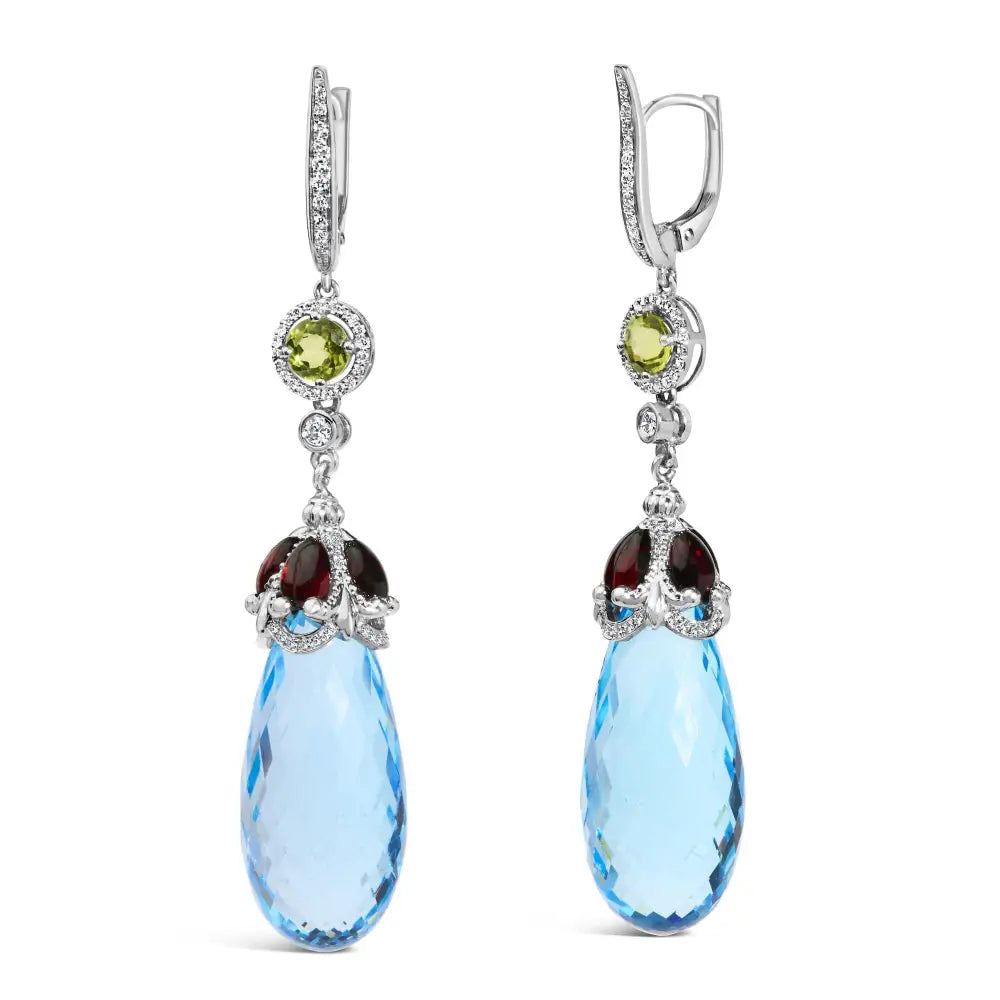 18k White Gold 1/2 Cttw Diamond and 22mm Blue Topaz Garnet Drop Dangle Earrings (f-g Color Vs1-vs2 Clarity) - Fine