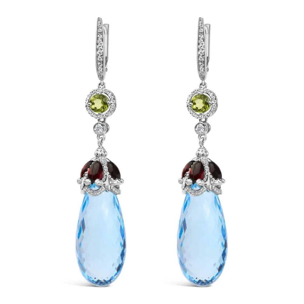 18k White Gold 1/2 Cttw Diamond and 22mm Blue Topaz Garnet Drop Dangle Earrings (f-g Color Vs1-vs2 Clarity) - Fine