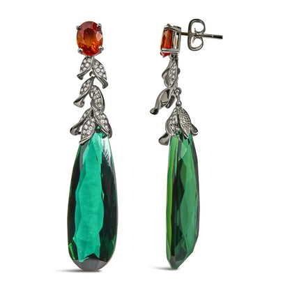 18k White Gold 1/2 Cttw Diamond and Green Quartz Art Deco Inspired 2 1/3’’ Inch Drop Dangle Earrings (f-g Color