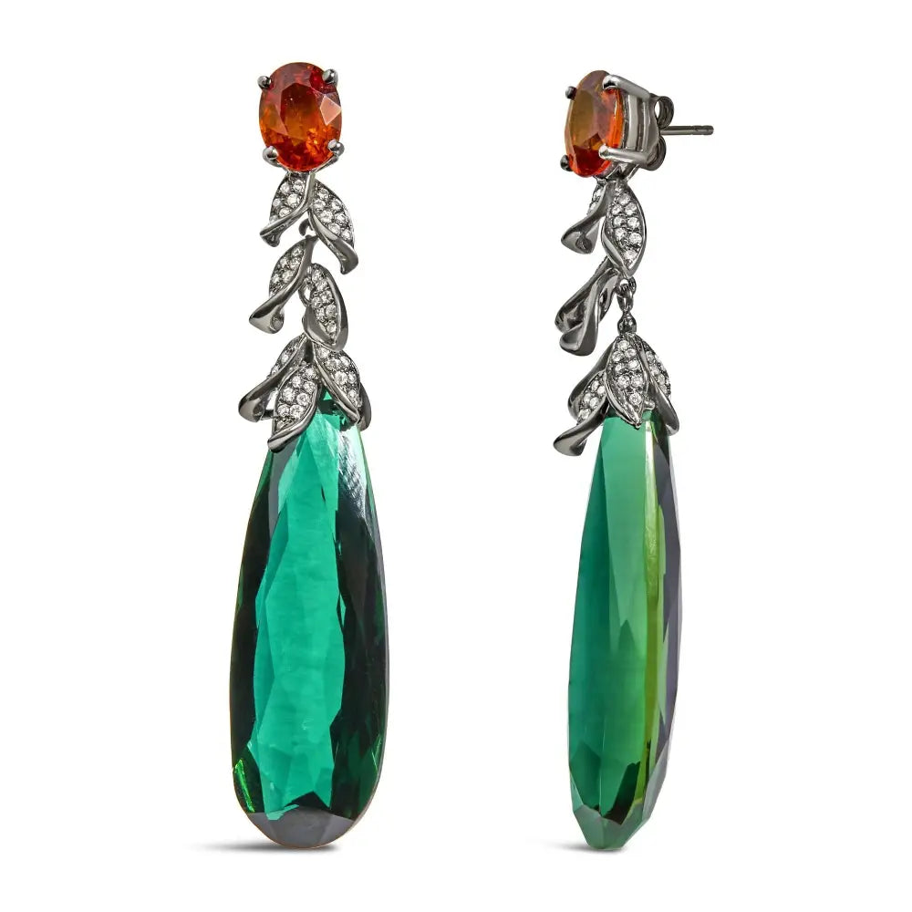 18k White Gold 1/2 Cttw Diamond and Green Quartz Art Deco Inspired 2 1/3’’ Inch Drop Dangle Earrings (f-g Color