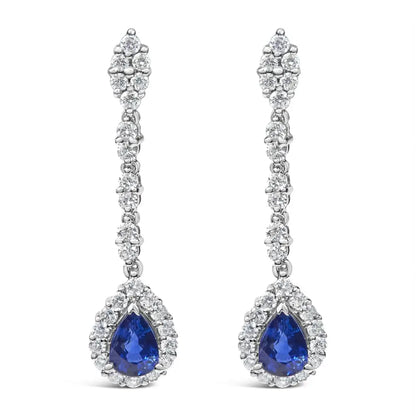 18k White Gold 1 3/5 Cttw Diamond and 7x5 Mm Pear Shaped Blue Sapphire 1/3 Inch Drop Dangle Halo Earrings (g-h Color