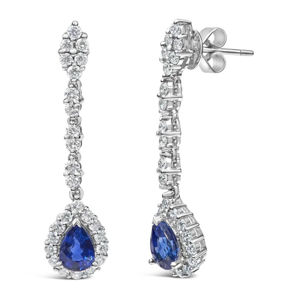 18k White Gold 1 3/5 Cttw Diamond and 7x5 Mm Pear Shaped Blue Sapphire 1/3 Inch Drop Dangle Halo Earrings (g-h Color