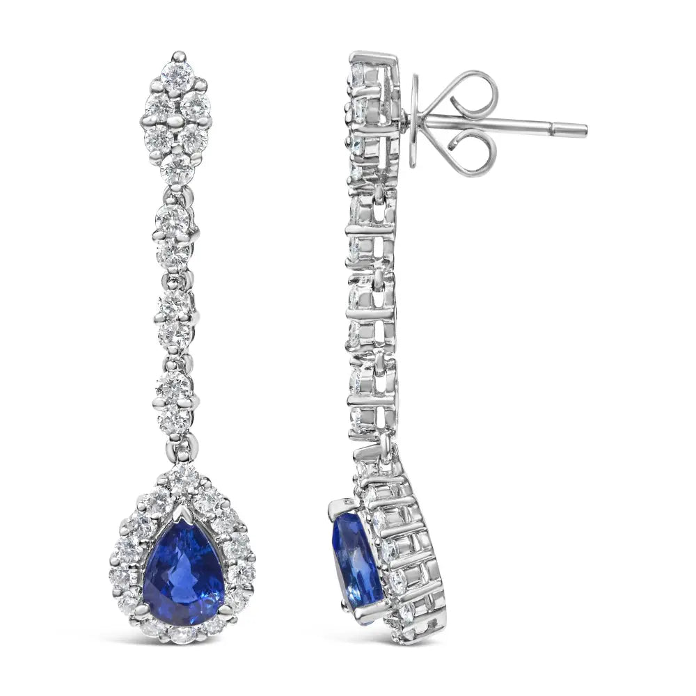 18k White Gold 1 3/5 Cttw Diamond and 7x5 Mm Pear Shaped Blue Sapphire 1/3 Inch Drop Dangle Halo Earrings (g-h Color