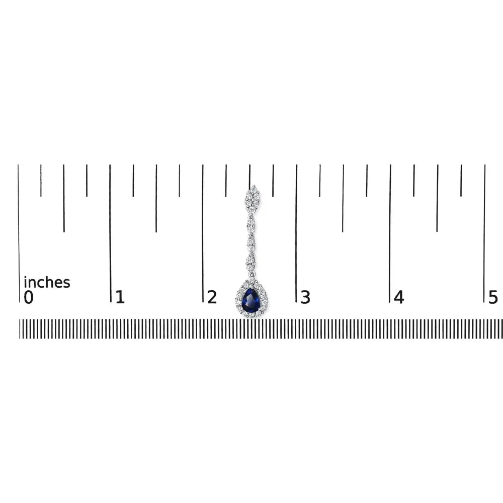 18k White Gold 1 3/5 Cttw Diamond and 7x5 Mm Pear Shaped Blue Sapphire 1/3 Inch Drop Dangle Halo Earrings (g-h Color