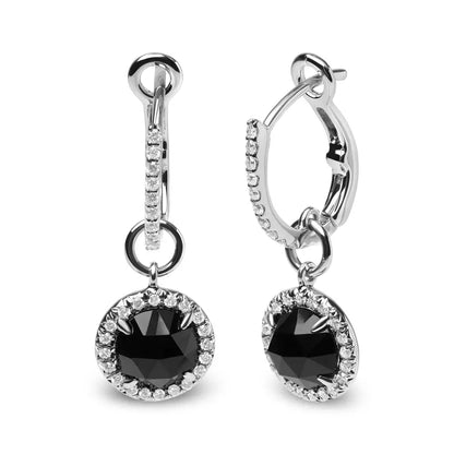 18k White Gold 1/3 Cttw Diamond and 7mm Round Black Onyx Gemstone Halo Dangle Hoop Earrings (g-h Color Si1-si2 Clarity)