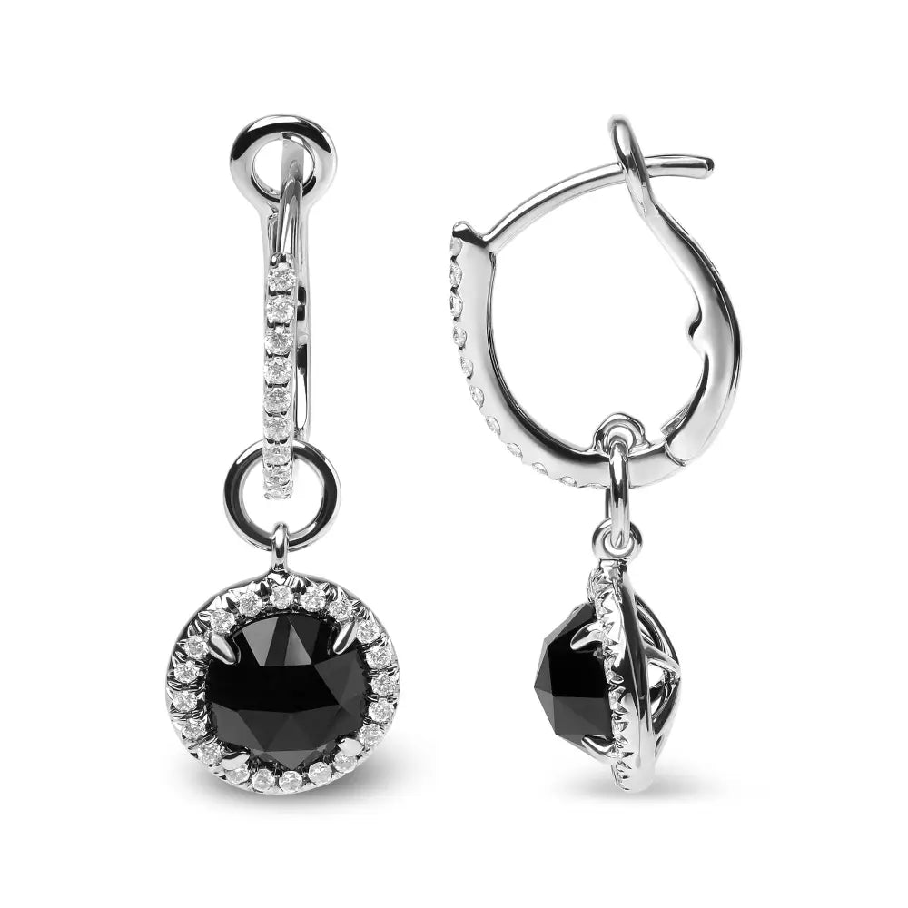 18k White Gold 1/3 Cttw Diamond and 7mm Round Black Onyx Gemstone Halo Dangle Hoop Earrings (g-h Color Si1-si2 Clarity)