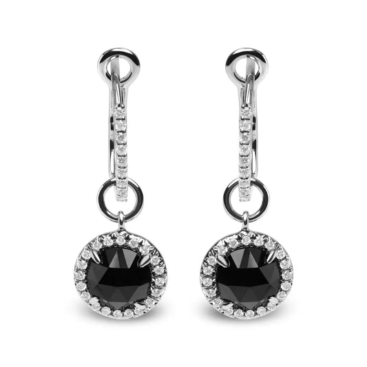 18k White Gold 1/3 Cttw Diamond and 7mm Round Black Onyx Gemstone Halo Dangle Hoop Earrings (g-h Color Si1-si2 Clarity)