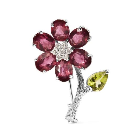 18k White Gold 1/3 Cttw Diamond Pink Tourmaline and Green Peridot Flower Leaf Tulip Brooch Pin (h-i Color Vs2-si1)