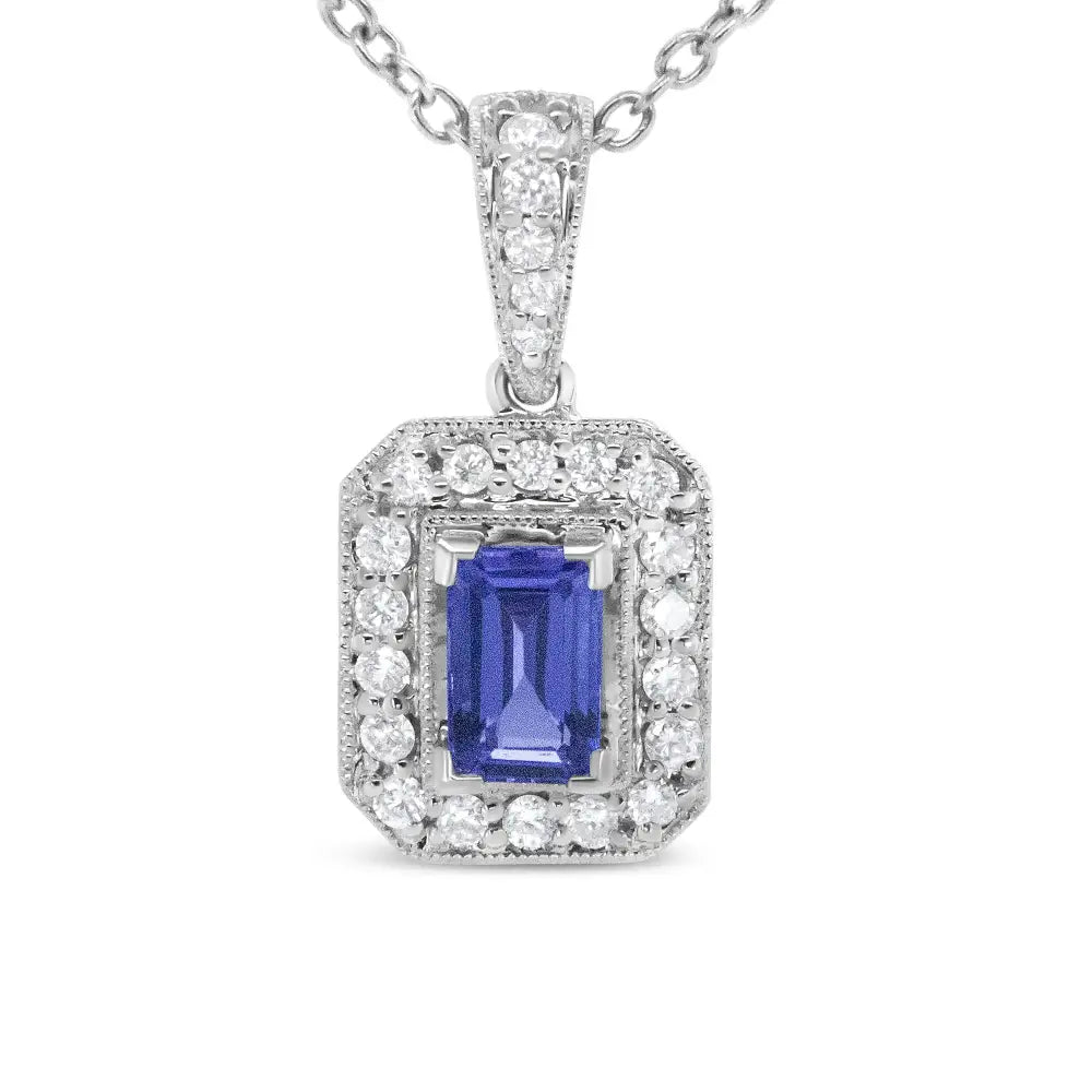 18k White Gold 1/4 Cttw Round Diamond and 6x4mm Purple Tanzanite Halo 18’’ Pendant Necklace (h-i Color Vs1-vs2