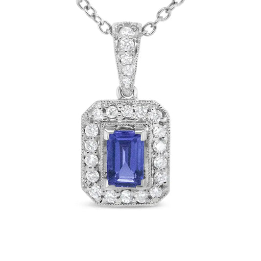 18k White Gold 1/4 Cttw Round Diamond and 6x4mm Purple Tanzanite Halo 18’’ Pendant Necklace (h-i Color Vs1-vs2