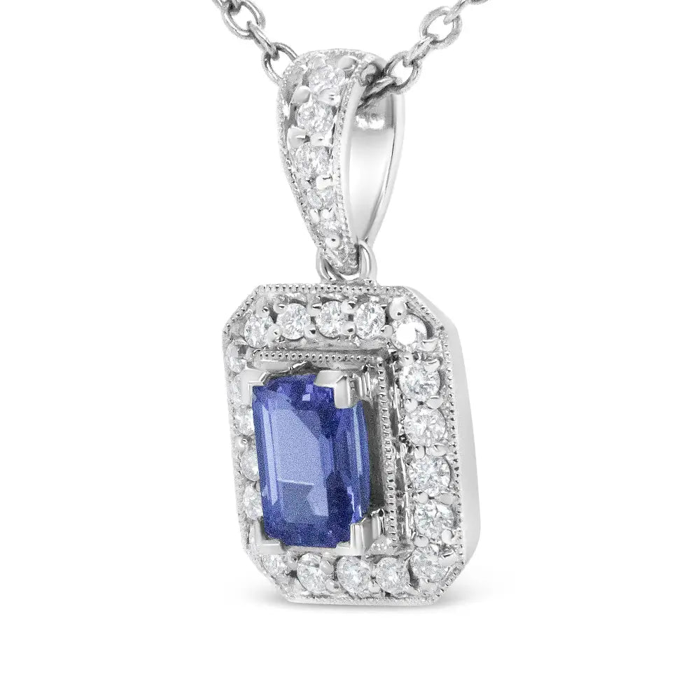 18k White Gold 1/4 Cttw Round Diamond and 6x4mm Purple Tanzanite Halo 18’’ Pendant Necklace (h-i Color Vs1-vs2