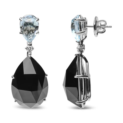 18k White Gold 1/5 Cttw Diamond with Pear Cut Sky Blue Topaz and Pear-cut Black Onyx Gemstone Dangle Earring (g-h Color