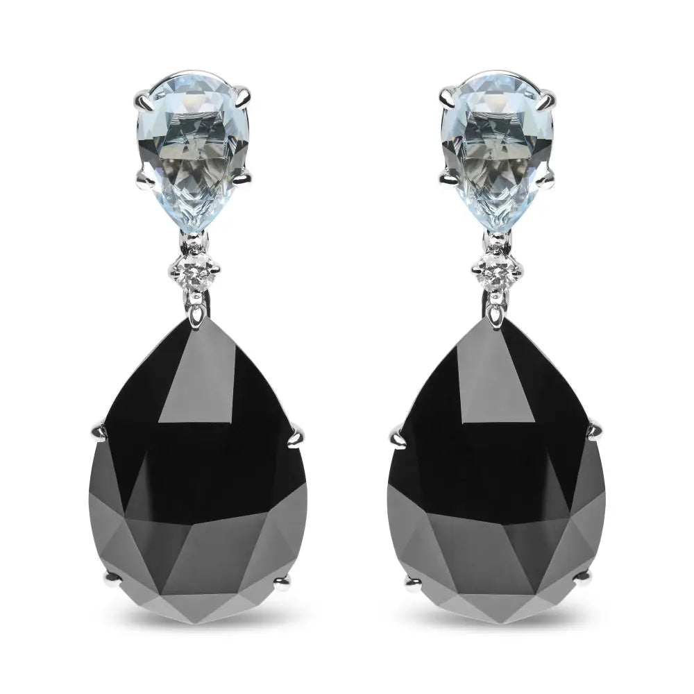 18k White Gold 1/5 Cttw Diamond with Pear Cut Sky Blue Topaz and Pear-cut Black Onyx Gemstone Dangle Earring (g-h Color