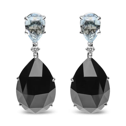 18k White Gold 1/5 Cttw Diamond with Pear Cut Sky Blue Topaz and Pear-cut Black Onyx Gemstone Dangle Earring (g-h Color