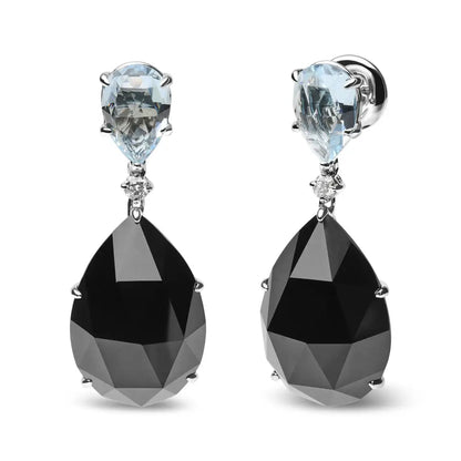 18k White Gold 1/5 Cttw Diamond with Pear Cut Sky Blue Topaz and Pear-cut Black Onyx Gemstone Dangle Earring (g-h Color