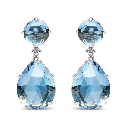 18k White Gold 1/5 Cttw Diamond with Round London Blue Topaz and 20 x 15mm Pear Cut Sky Gemstone Dangle Earring (g-h