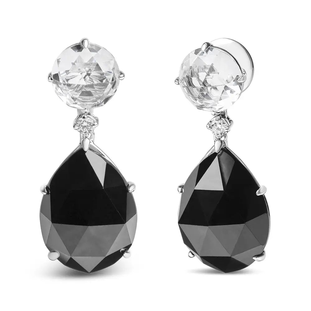 18k White Gold 1/5 Cttw Diamond with Round Topaz and 20x15mm Pear Cut Black Onyx Gemstone Dangle Earring (g-h Color