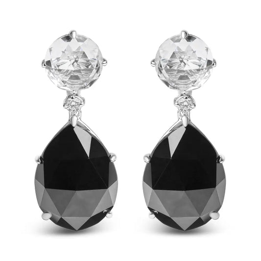 18k White Gold 1/5 Cttw Diamond with Round Topaz and 20x15mm Pear Cut Black Onyx Gemstone Dangle Earring (g-h Color