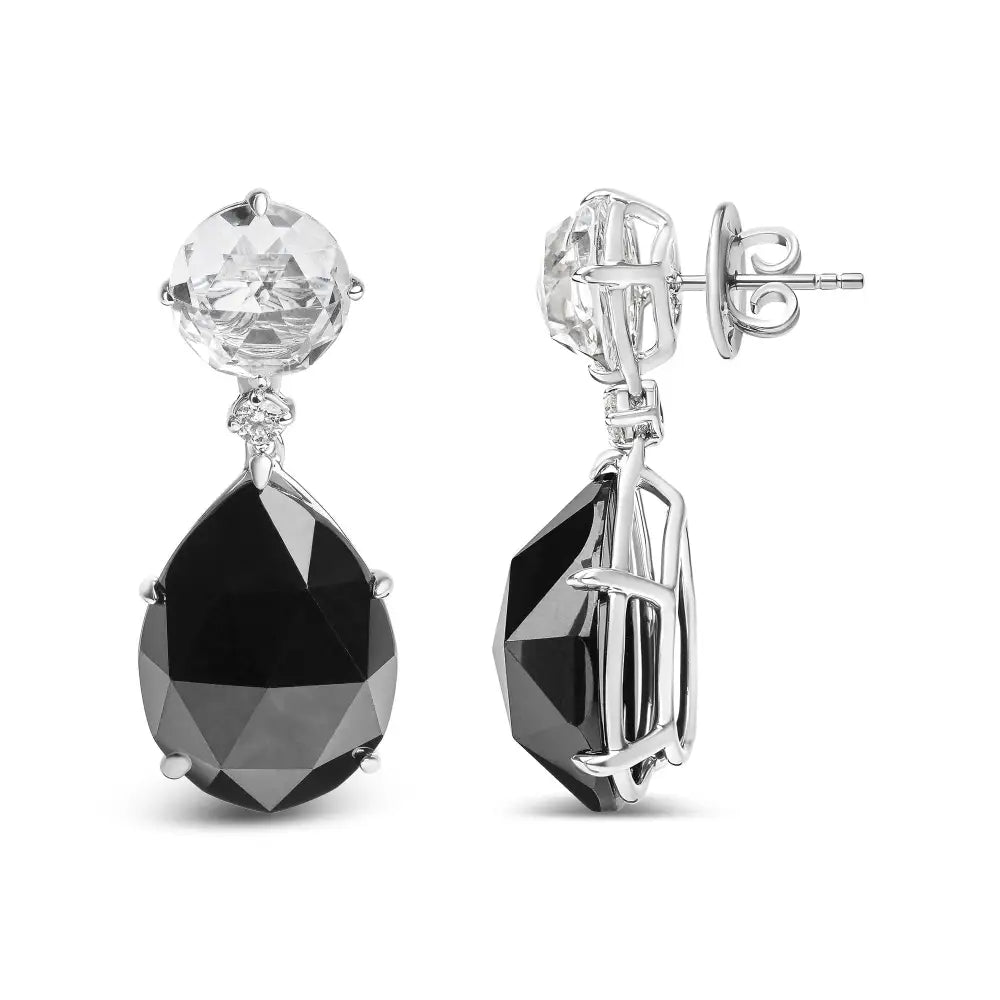 18k White Gold 1/5 Cttw Diamond with Round Topaz and 20x15mm Pear Cut Black Onyx Gemstone Dangle Earring (g-h Color