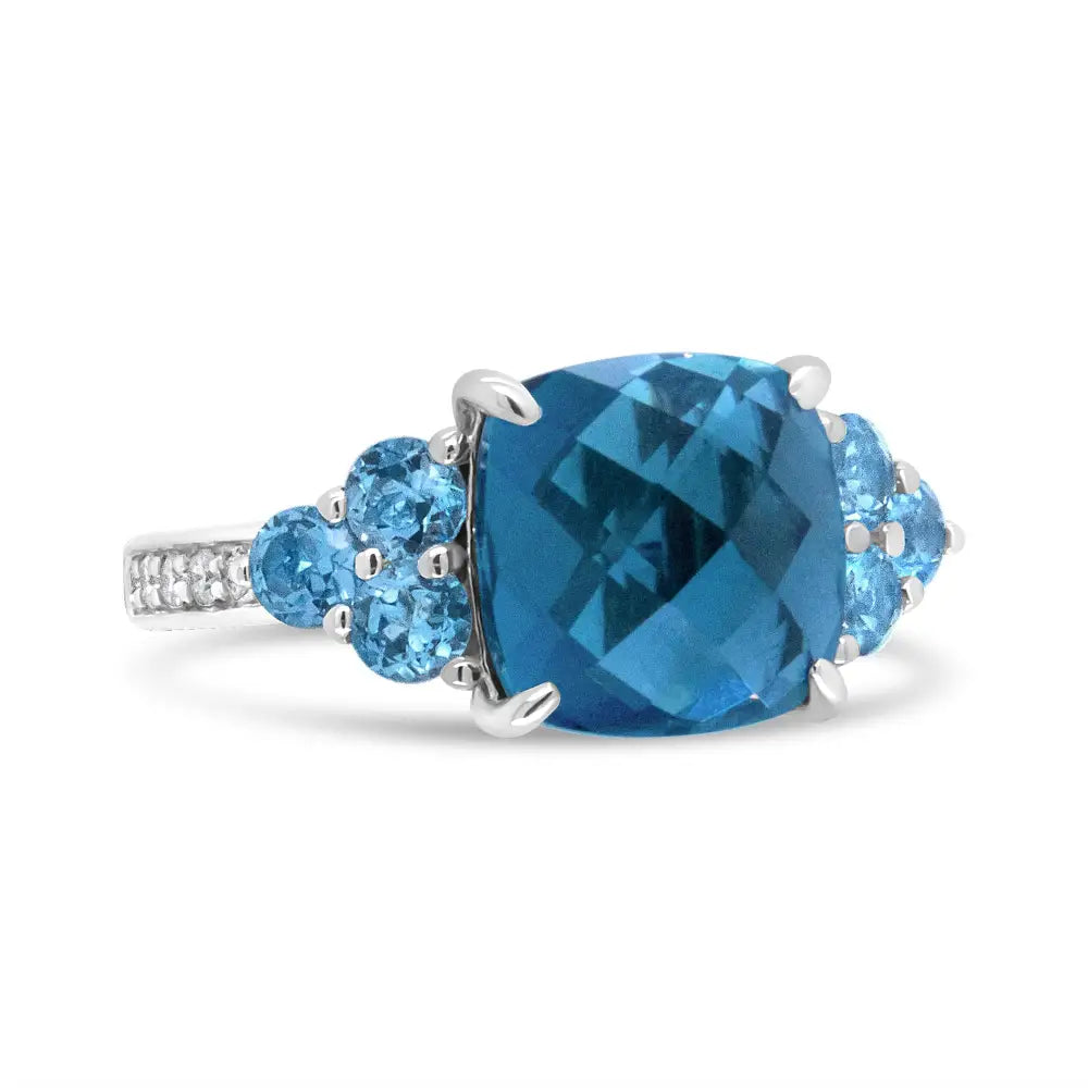 18k White Gold 10mm Cushion Shaped Blue Topaz and 1/6 Cttw Diamond 3 Stone Style Ring (f-g Color Vs1-vs2 Clarity)