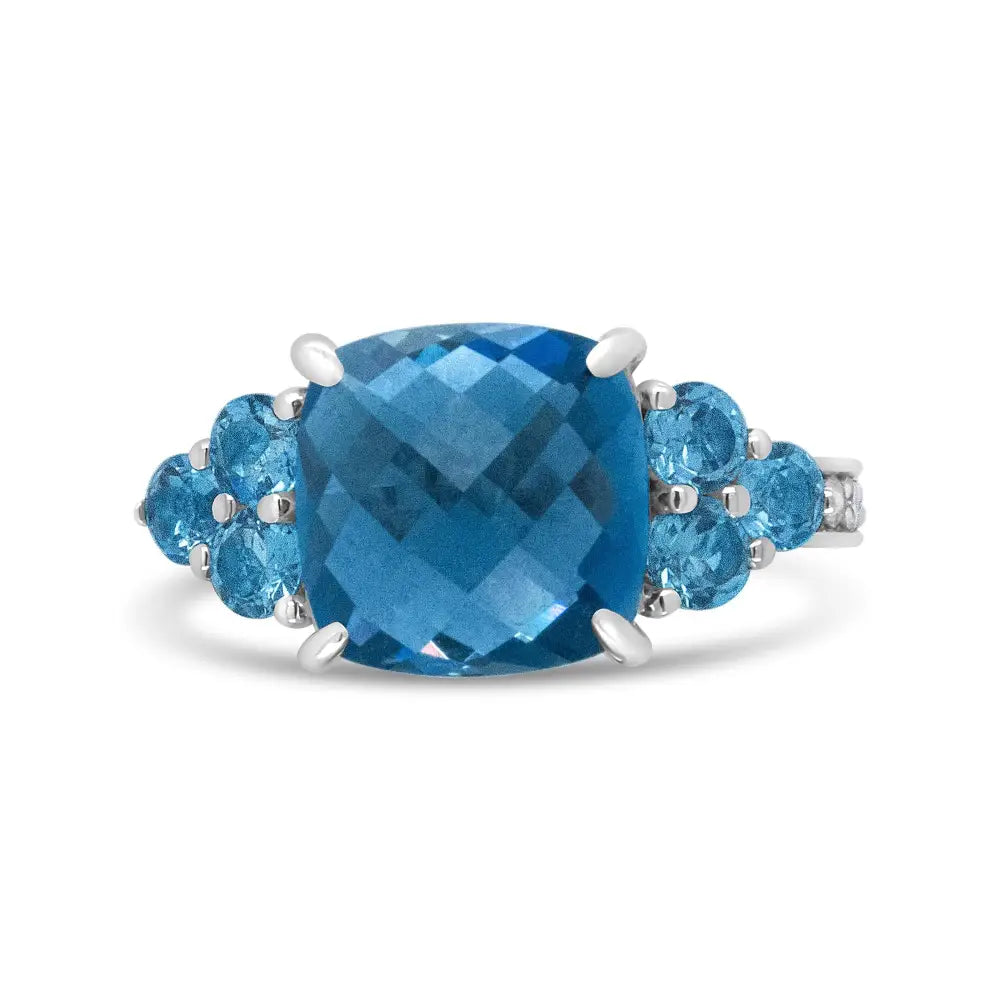 18k White Gold 10mm Cushion Shaped Blue Topaz and 1/6 Cttw Diamond 3 Stone Style Ring (f-g Color Vs1-vs2 Clarity)