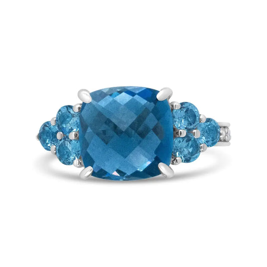 18k White Gold 10mm Cushion Shaped Blue Topaz and 1/6 Cttw Diamond 3 Stone Style Ring (f-g Color Vs1-vs2 Clarity)