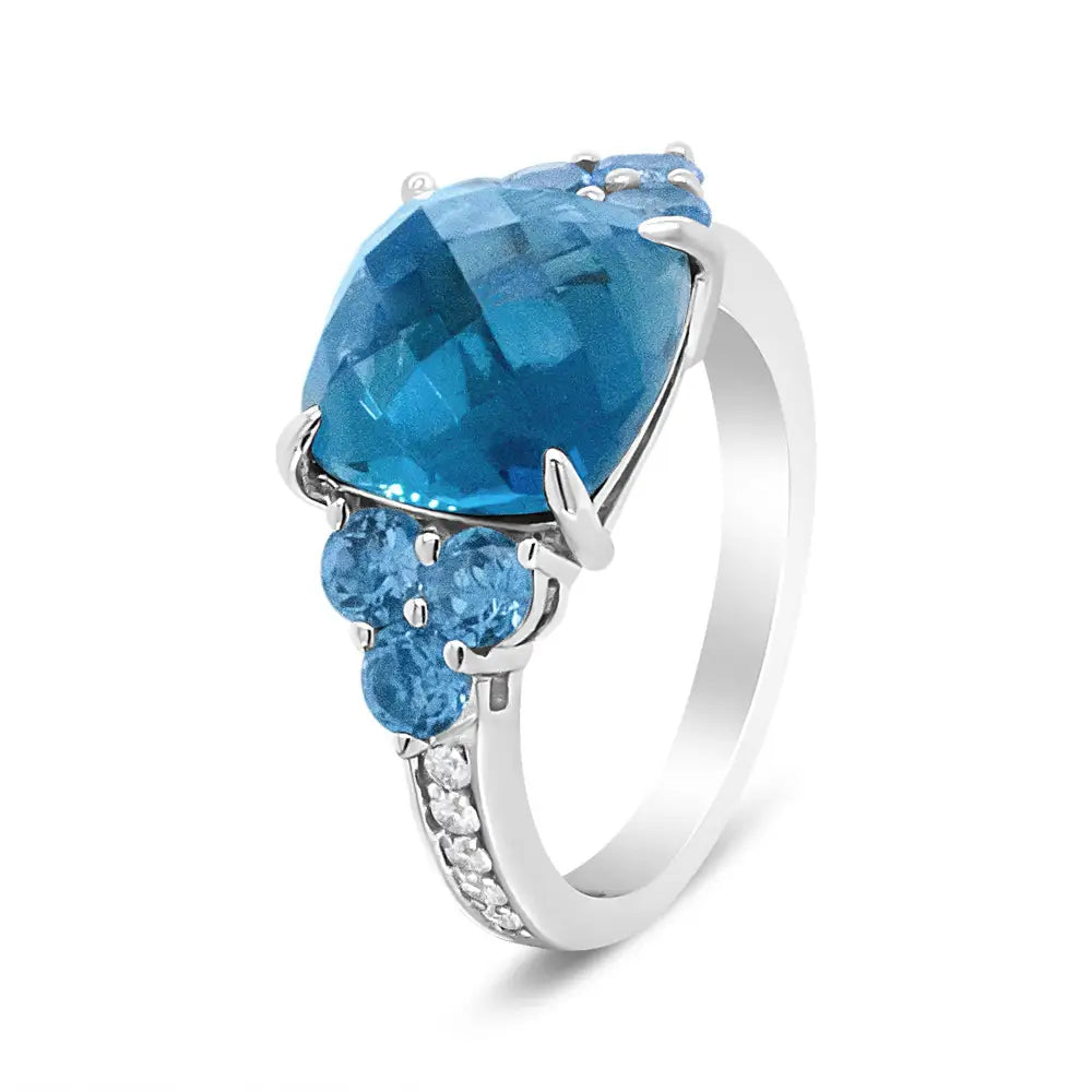 18k White Gold 10mm Cushion Shaped Blue Topaz and 1/6 Cttw Diamond 3 Stone Style Ring (f-g Color Vs1-vs2 Clarity)