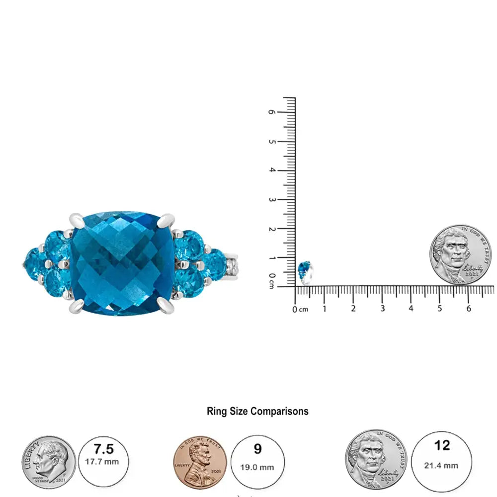 18k White Gold 10mm Cushion Shaped Blue Topaz and 1/6 Cttw Diamond 3 Stone Style Ring (f-g Color Vs1-vs2 Clarity)