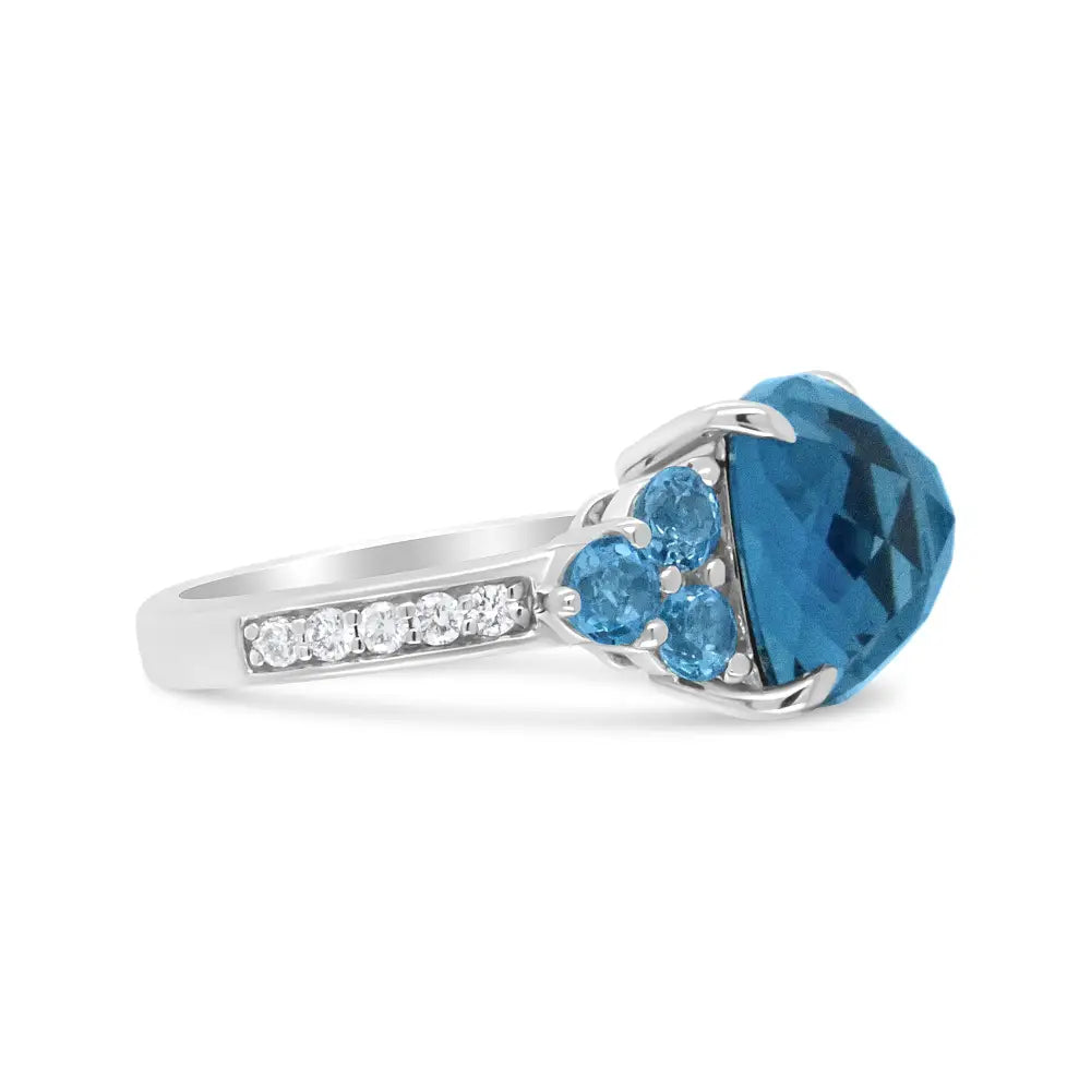 18k White Gold 10mm Cushion Shaped Blue Topaz and 1/6 Cttw Diamond 3 Stone Style Ring (f-g Color Vs1-vs2 Clarity)