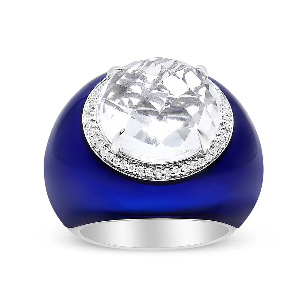 18k White Gold 14mm Quartz and 1/5 Cttw Diamond Halo with Blue Enamel Dome Ring (f-g Color Vs1-vs2 Clarity) - Fine