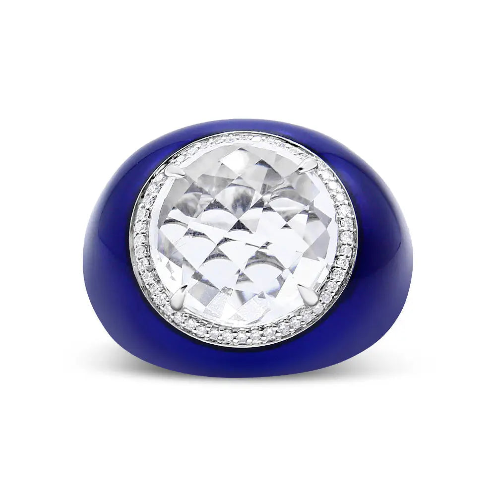 18k White Gold 14mm Quartz and 1/5 Cttw Diamond Halo with Blue Enamel Dome Ring (f-g Color Vs1-vs2 Clarity) - Fine